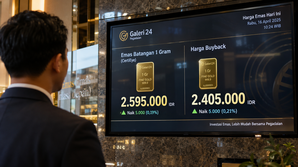 Layar monitor digital butik emas menampilkan pembaruan harga jual dan buyback emas Antam harian.