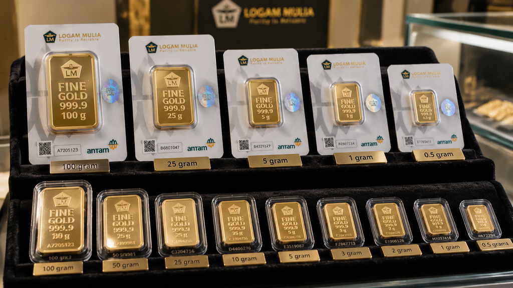Berbagai ukuran pecahan emas batangan Antam mulai dari 0,5 gram hingga pecahan besar di etalase pamer.