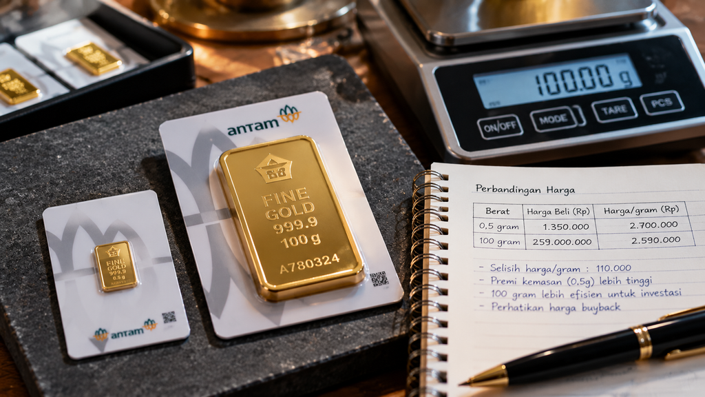 Komparasi fisik pecahan emas 0,5 gram berdampingan dengan batangan 100 gram untuk mengilustrasikan perbedaan premi cetak.