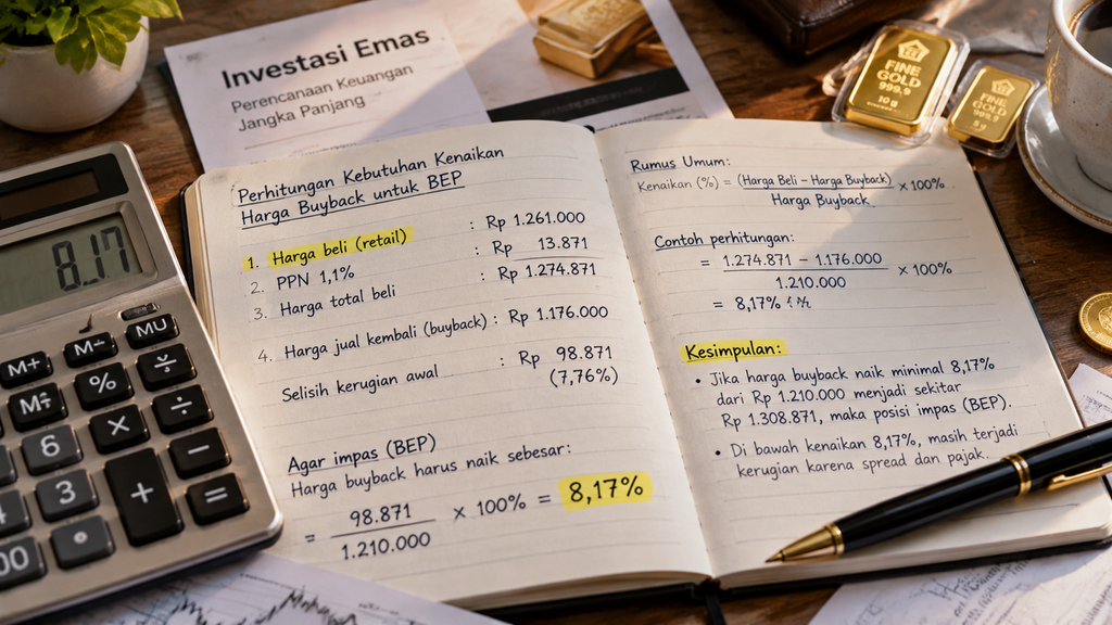 Perhitungan matematis persentase titik impas spread emas 8 persen pada buku catatan finansial pribadi.