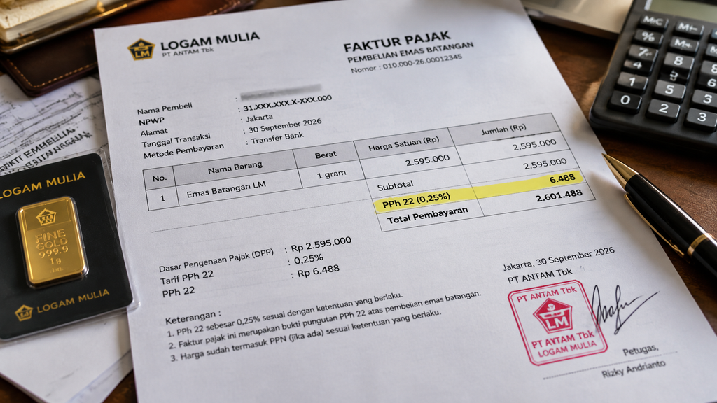 Faktur resmi pembelian emas batangan mencantumkan rincian pemotongan PPh Pasal 22 sebesar 0,25 persen.