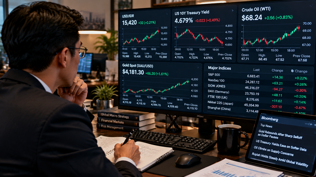 Monitor bursa komoditas menampilkan data kurs rupiah, harga minyak mentah, dan indeks dolar AS.