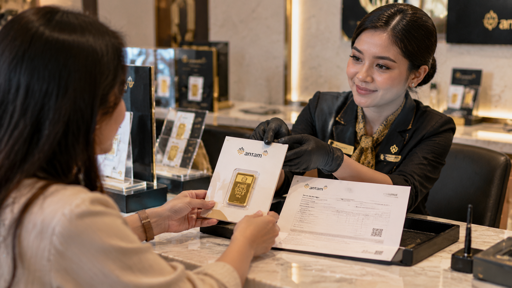 Petugas layanan butik menyerahkan berkas sertifikat dan nota resmi pembelian emas kepada nasabah.