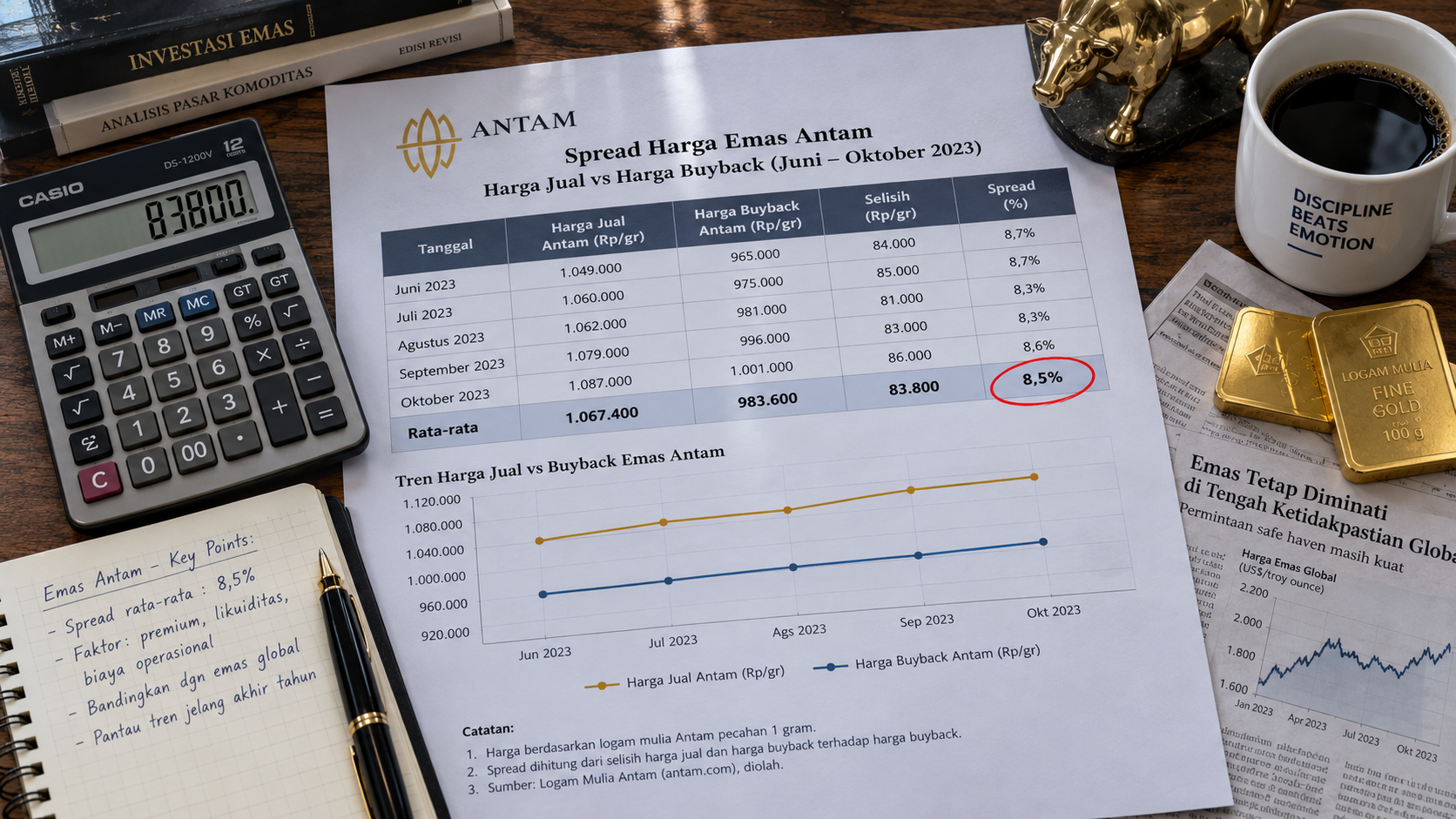 Lembar cetak spreadsheet di atas meja kerja yang menunjukkan persentase selisih harga jual dan buyback emas Antam rata-rata 8,5 persen.