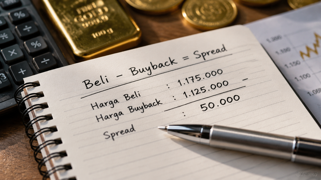 Buku catatan spiral dengan tulisan tangan menghitung selisih antara harga beli dan harga buyback emas.