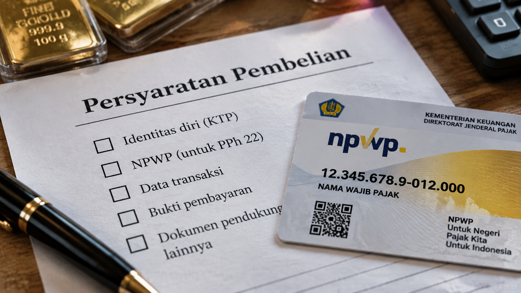 Dokumen persyaratan pembelian emas dan kartu NPWP tergeletak di meja, mengingatkan tentang aturan pajak PPh.