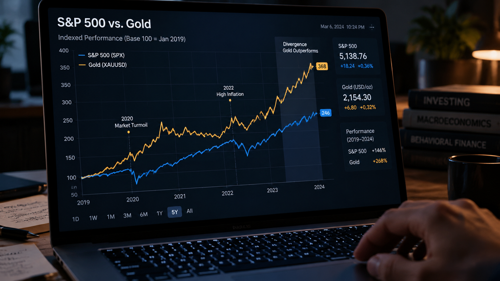 Layar monitor menampilkan grafik perbandingan (overlay) antara pergerakan indeks saham dan harga emas.