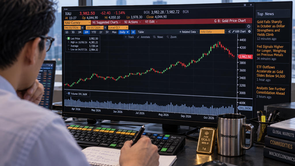 Layar monitor analis keuangan yang menampilkan grafik volatilitas penurunan harga emas Antam selama bulan Oktober 2026.
