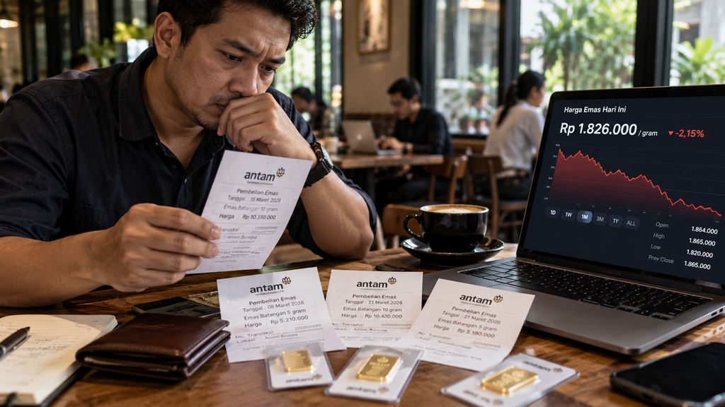 Seorang investor menghitung kerugian dari penurunan harga buyback emas sebesar 17 persen menggunakan catatan pembelian bulan Maret.