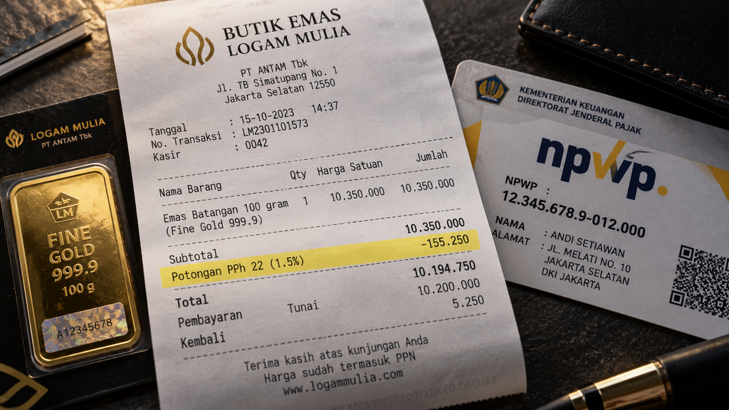 Tanda terima transaksi penjualan kembali (buyback) emas batangan yang secara jelas mencantumkan potongan pajak PPh Pasal 22.
